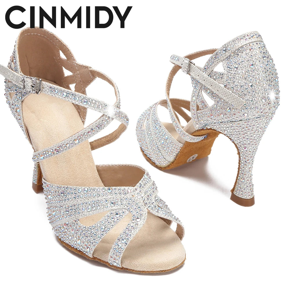 CINMIDY Rhinestone Latin Dance Shoes Tango Ballroom Dance Shoes Ladies High Heels Soft Sole Women Sandals  Wedding Shoes Women