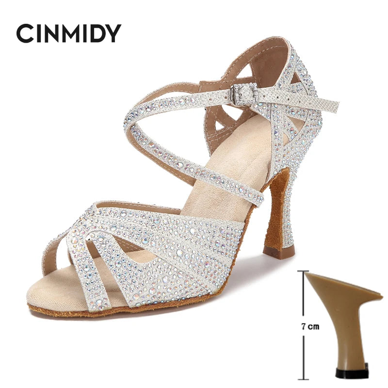 CINMIDY Rhinestone Latin Dance Shoes Tango Ballroom Dance Shoes Ladies High Heels Soft Sole Women Sandals  Wedding Shoes Women