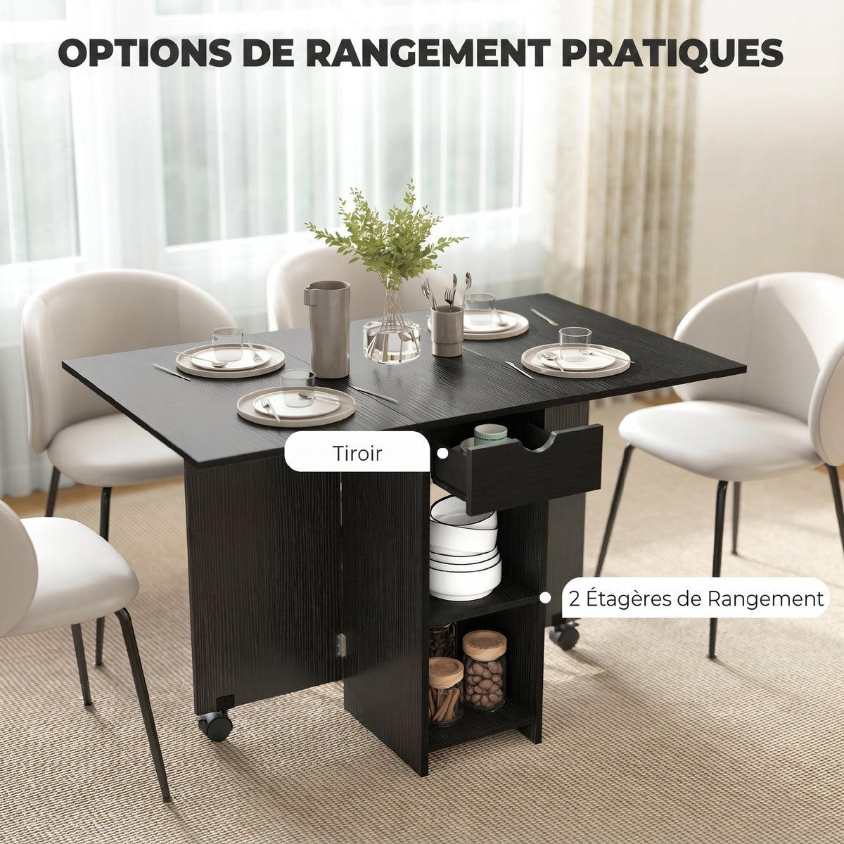 Table à Manger Pliante, Table de Cuisine Extensible pour 2 à 4 Personnes, 2 Abattants, 120 x 72 x 75 cm, Noir