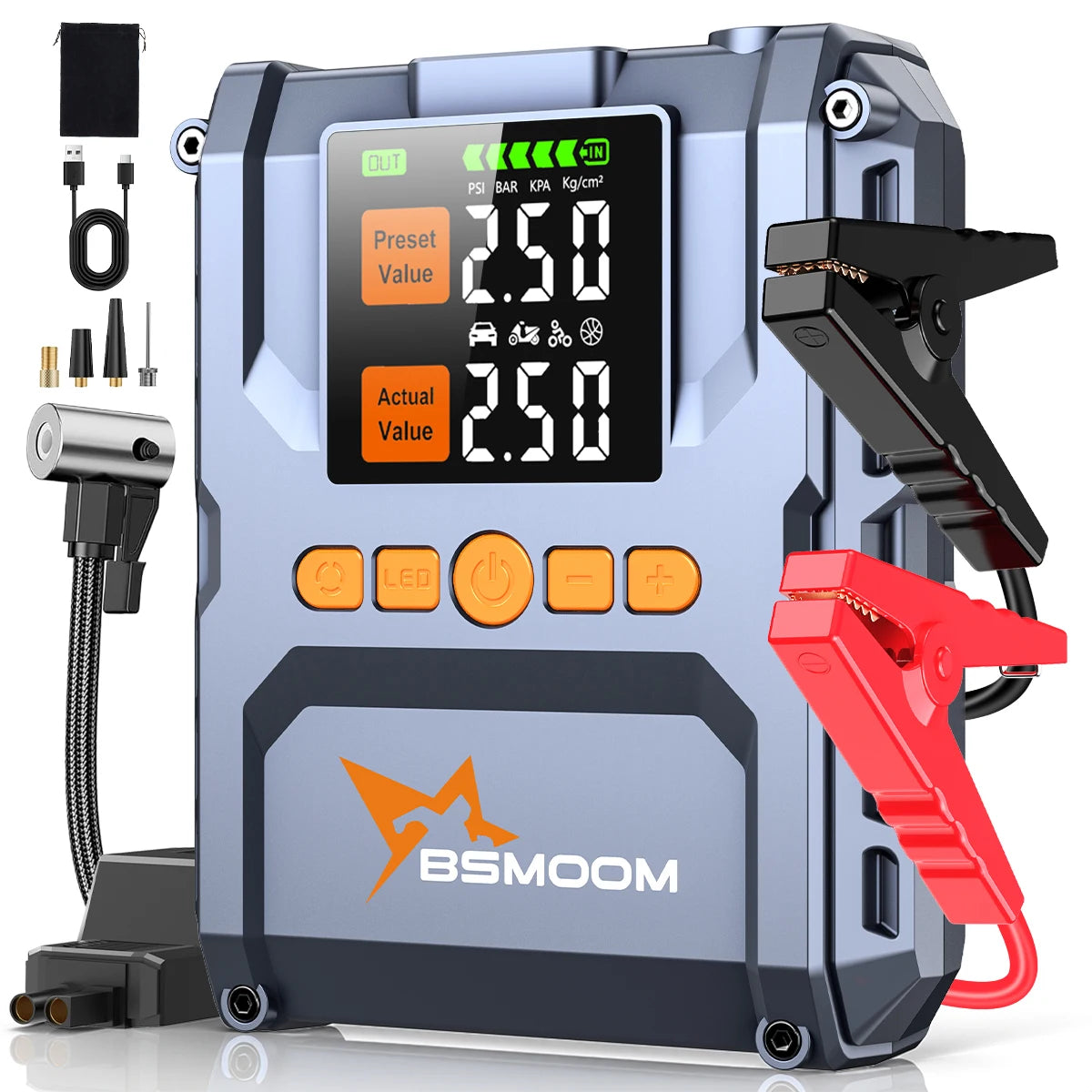 1500A car starter with air compressor, tire inflator without thread, battery booster with external battery pack and LED flashlights, 12V Automatic Start box for tous 10.0L petrol or diesel vehicles