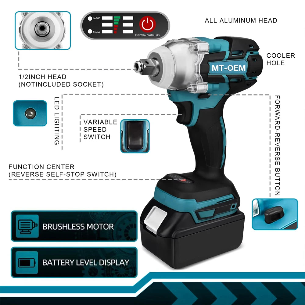 NEW 520n.M Brushless Electric Impact Wrench 1/2 In Li-on Battery For Automotive Repair Power Tools For makita 18v battery pins