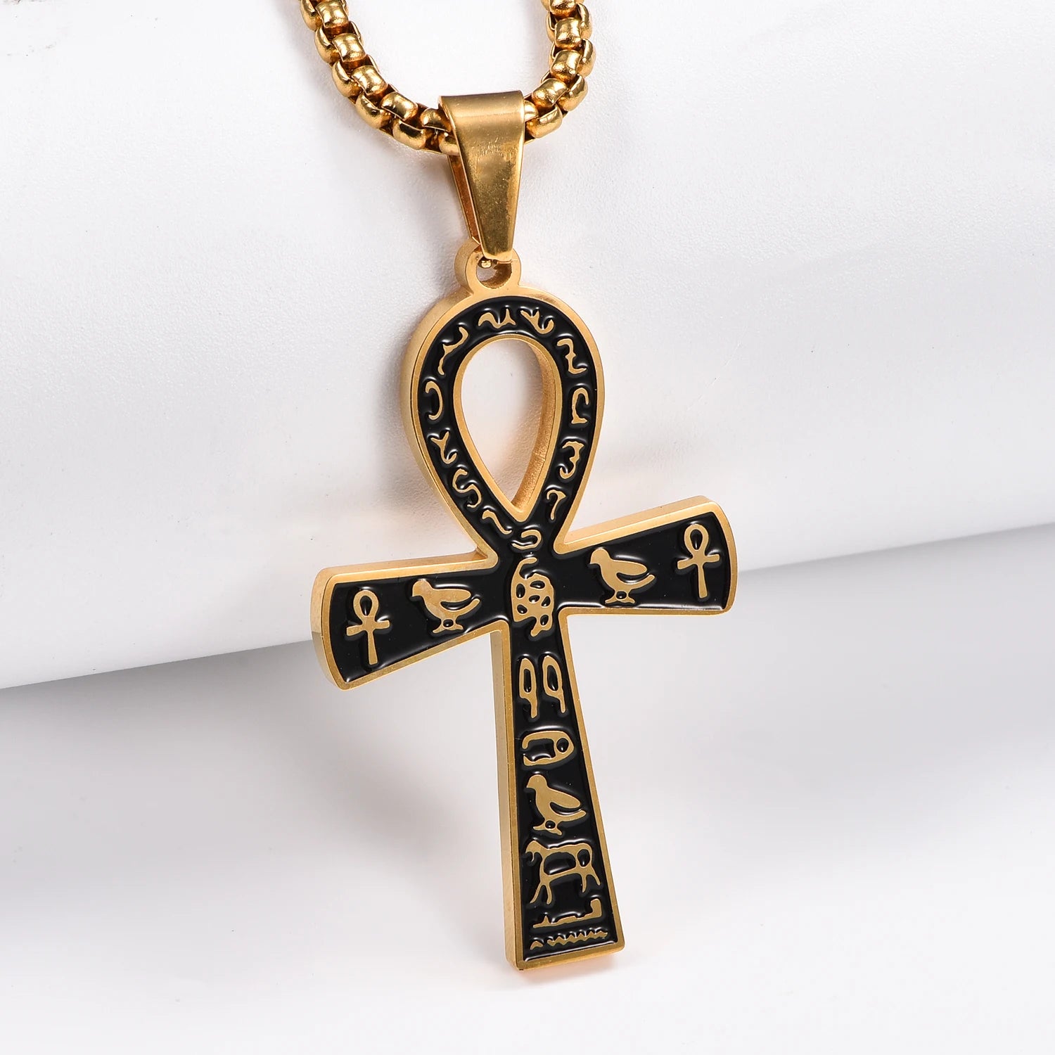 Stainless Steel Ancient Egyptian Ankh Cross Pendant Necklace Silver/Gold Color Painted Bird Animal Totem Jewelry Gift