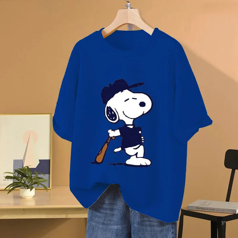 Snoopy Baseball Cartoon Anime Women T-shirt Summer Short Sleeve 100% Cotton Men Tee Shirts Tops 2025 New Fashion Couple Clothes