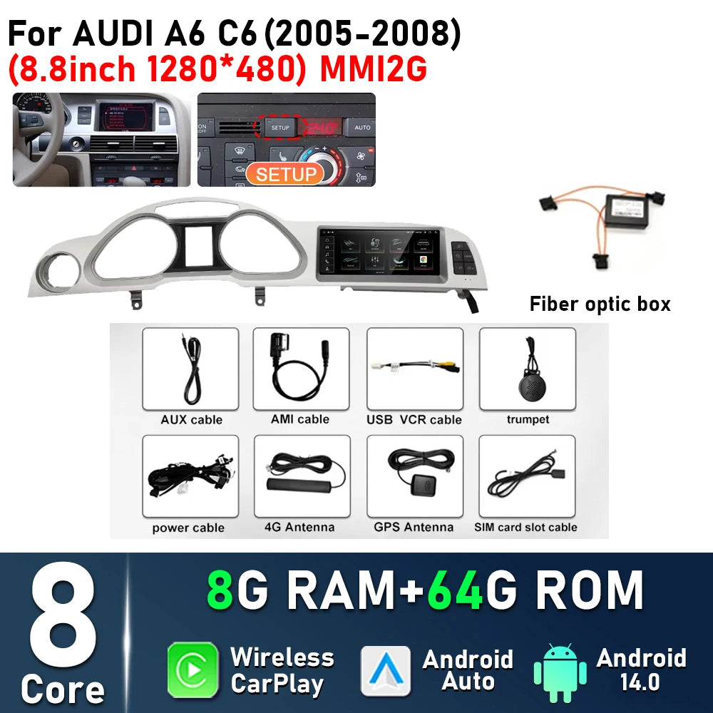 8.8inch Android 14 For Audi A6 C6 2005 - 2008 MMI 2G 2009 - 2011 MMI3G Car Radio Multimedia Player Navigation GPS Stereo CarPlay