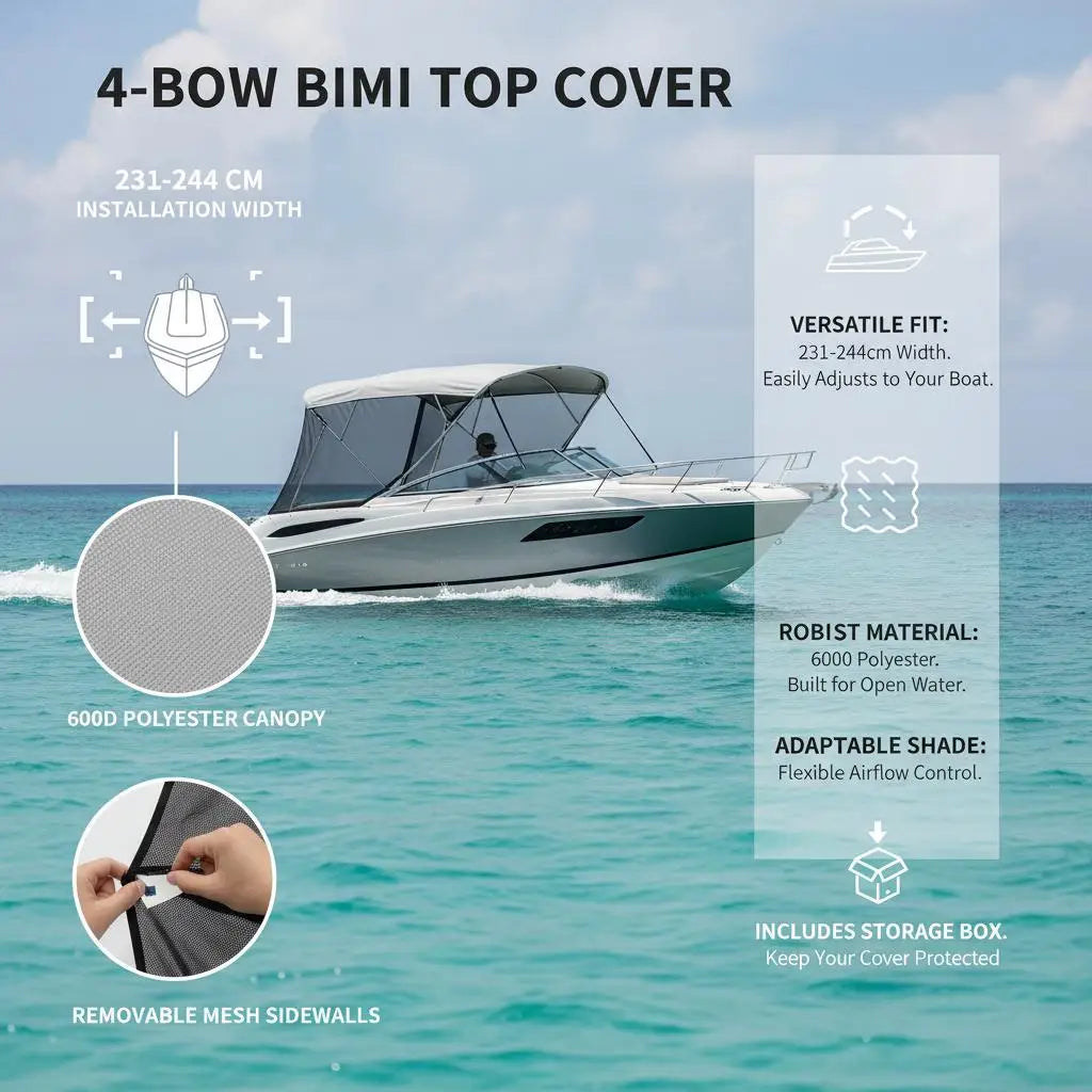 Bimini for 4-Beam Boat, Sun Tarp 243X137X231-244 Cm, Aluminum Frame 600D Polyester Canvas, Side Walls in