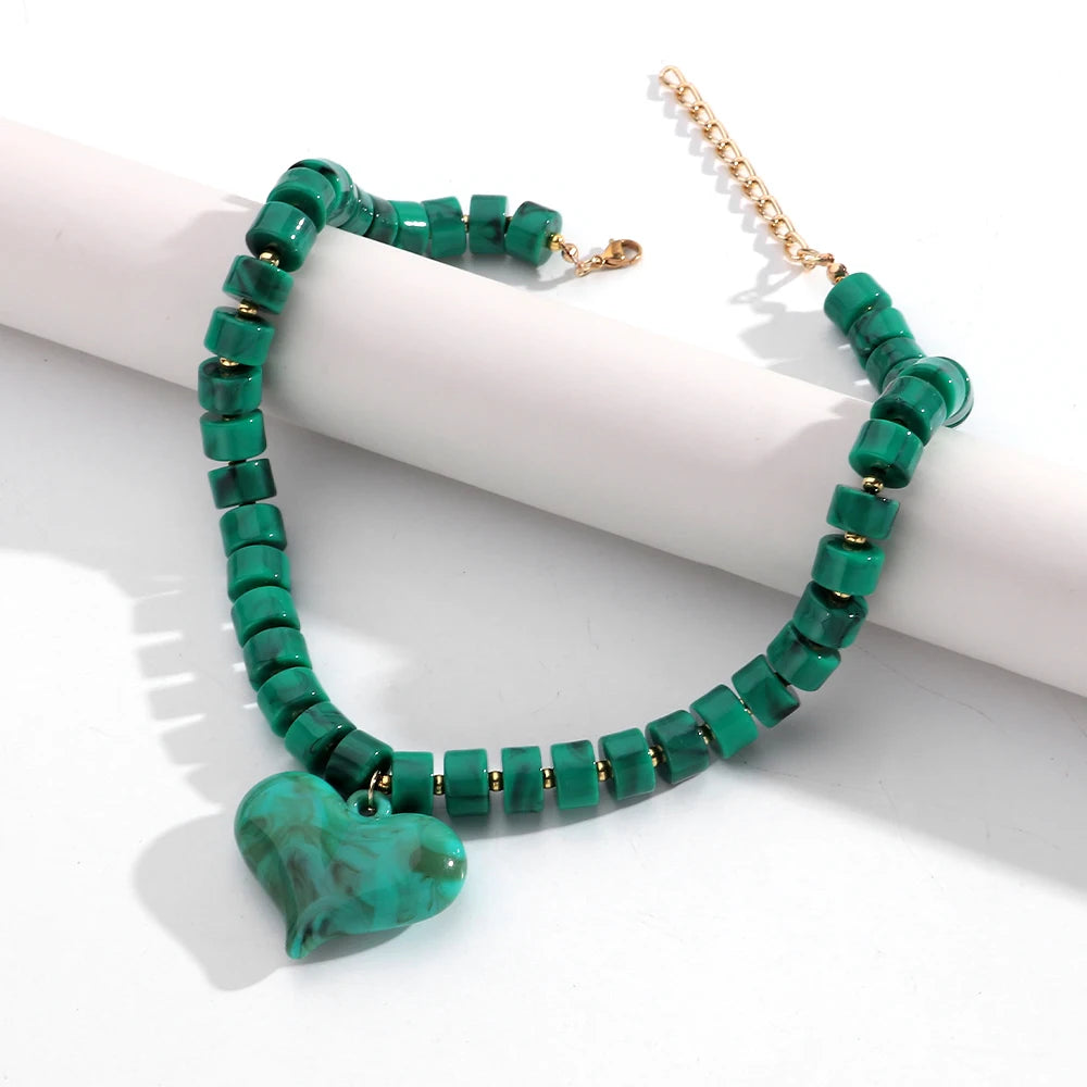 Trendy Acrylic Colorful Beads Heart Pendant Choker Necklaces Fashion Geometric Beads Collar Necklace Jewelry Gifts