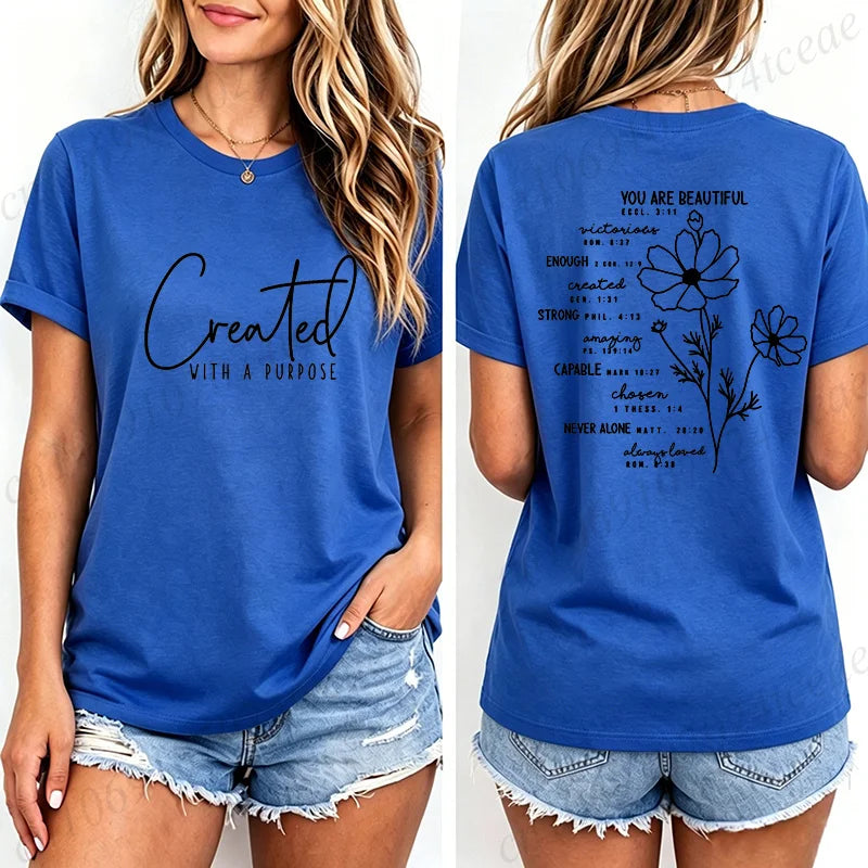 Fashion Women T Shirts Created with A Purpose Print Short Sleeve T-Shirt Faith Aesthetic Tee T-Shirts Inspirational Shirts Tops