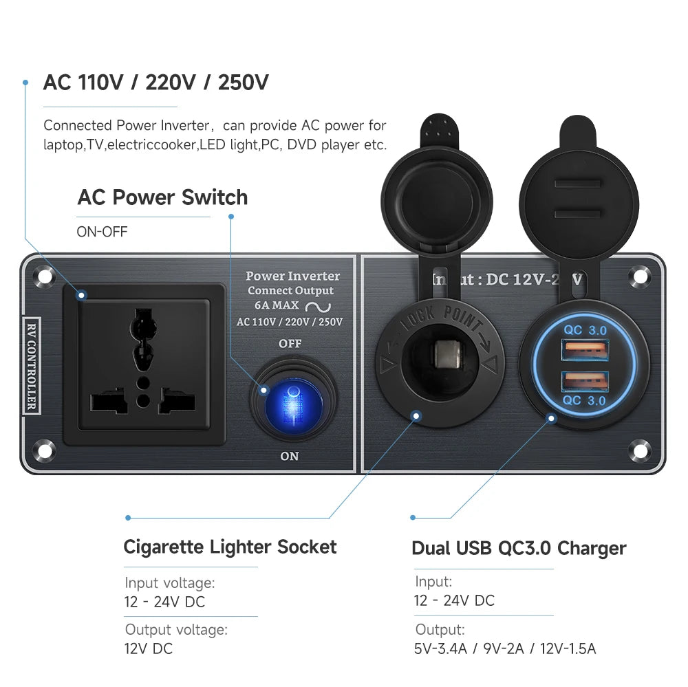 Chargeur de voiture multifonctionnel onduleur à panneau en aluminium AC110V 220V double port USB QC3.0 12V 24V pour VR, yacht, remorques de voyage