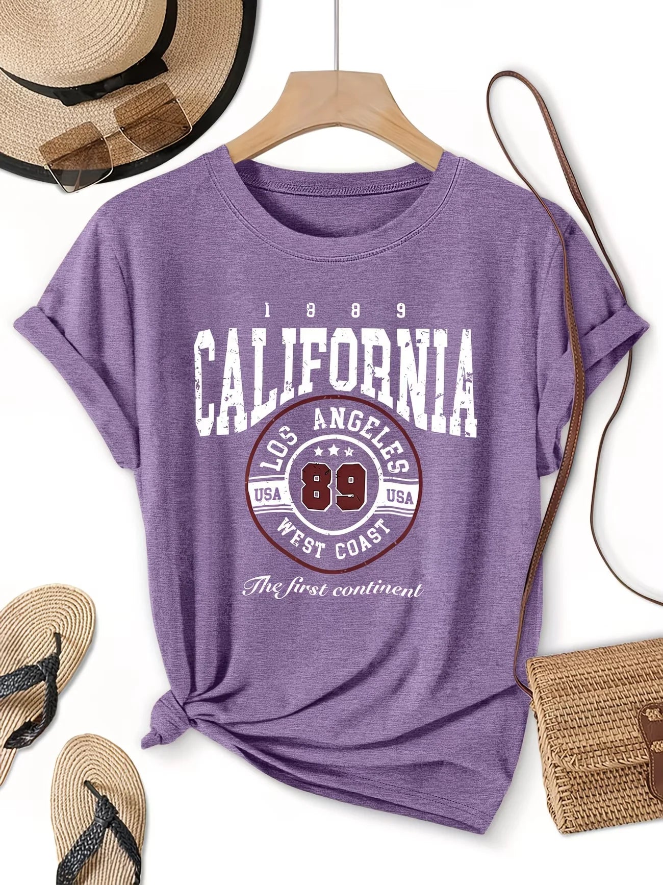 Col rond Manches courtes Style rétro américain Californie Los Angeles 89 Lettre Imprimé T-shirt Tenues décontractées pour femmes