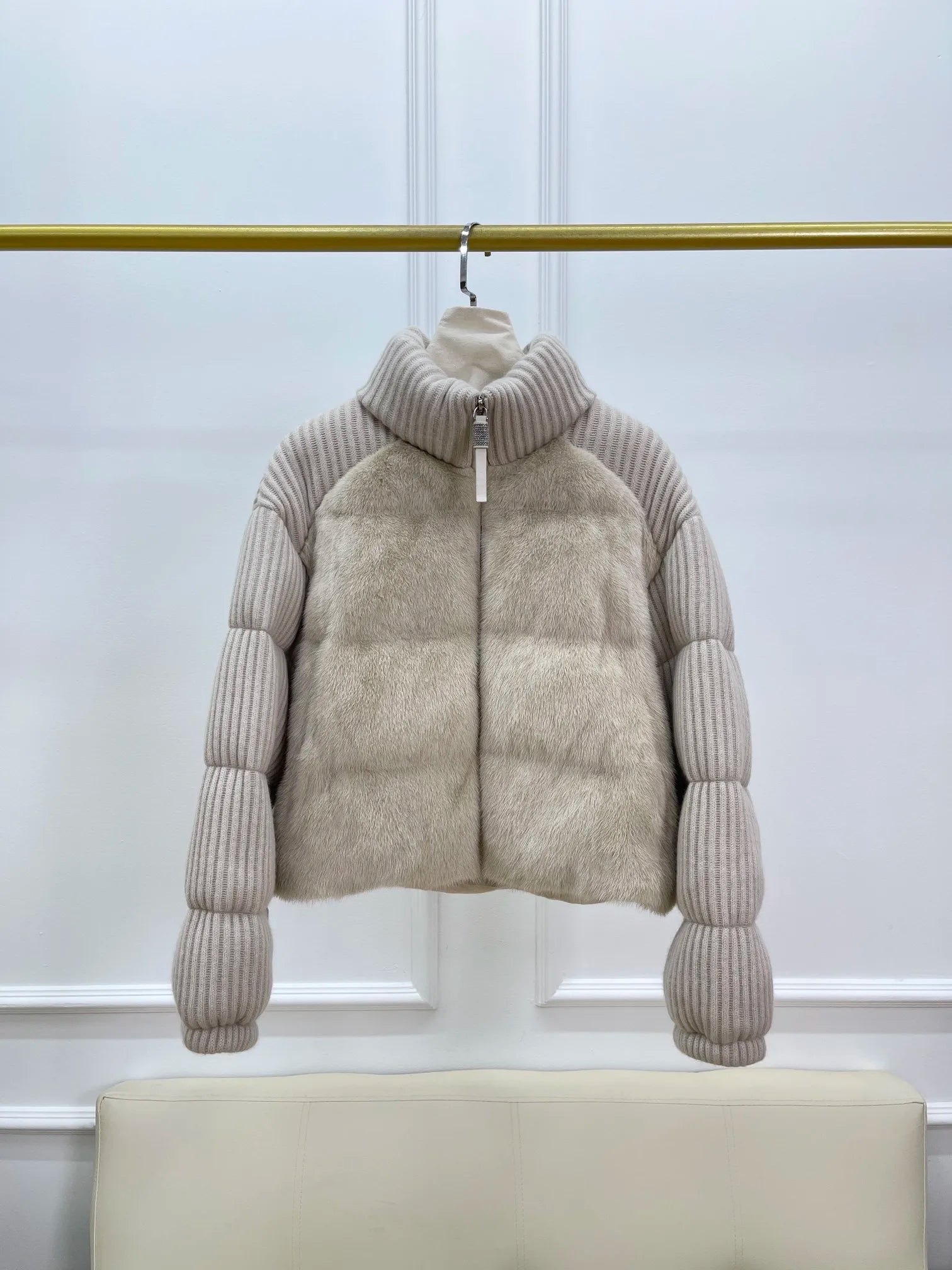 Retro high neck cashmere wool knitted splicing women's goose down down jacket classic casual commuting short jacket