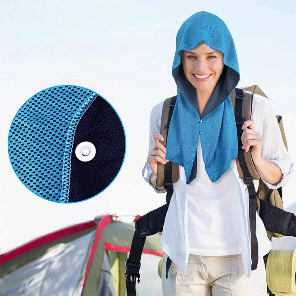 Summer Hooded Cool Towel Sun Protection Insulation Quick Drying Headscarf with Buttons for Hiking Fishing Outdoor Beach Sports