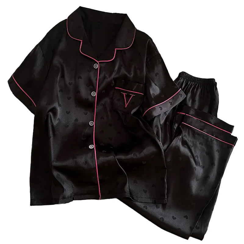 Nouveau pyjama d'été fleuri pour femme, ensemble de pyjama d'été frais à manches courtes et pantalon en soie glacée pour fille, photos réelles