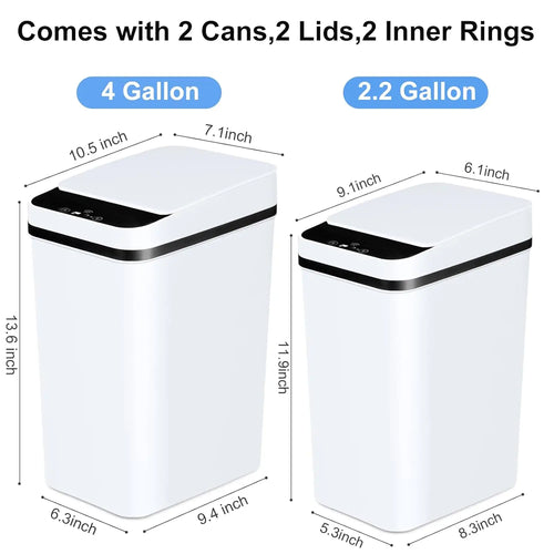 Lot de 2 poubelles automatiques de salle de bain 12L et 18L avec capteur de mouvement sans contact et couvercle pour chambre, salon, cuisine blanc