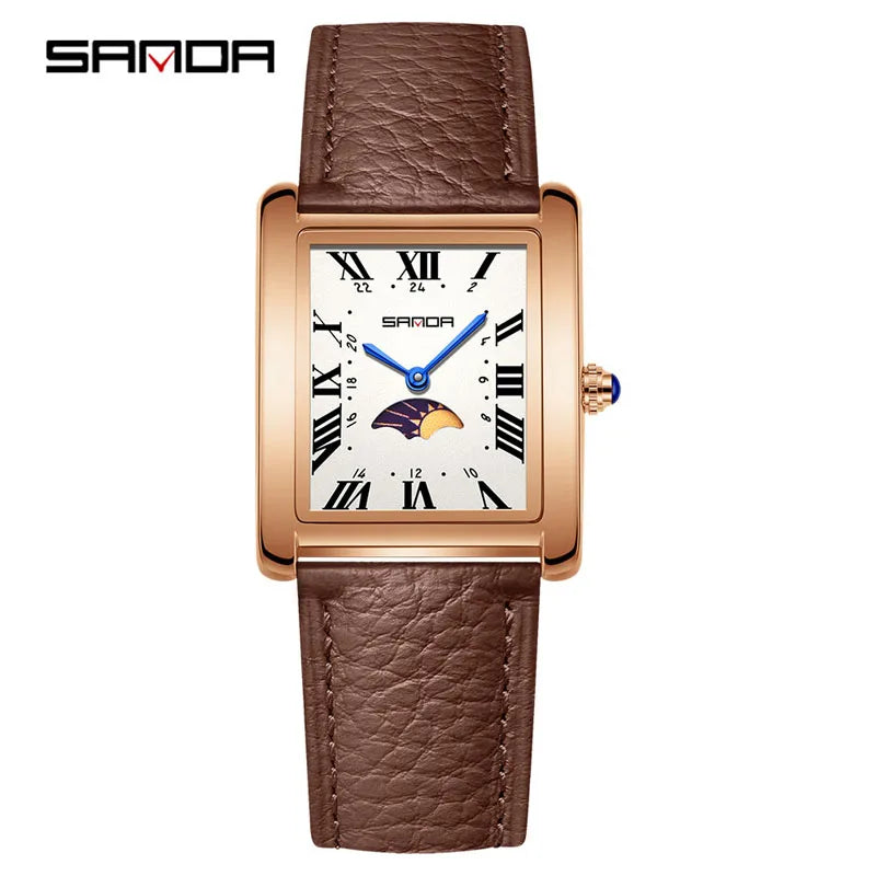 SANDA 9122 Elegant Women's Quartz Watch Classic Square Dial Moon Phase Waterproof Leather Strap Retro Business Watches for Woman