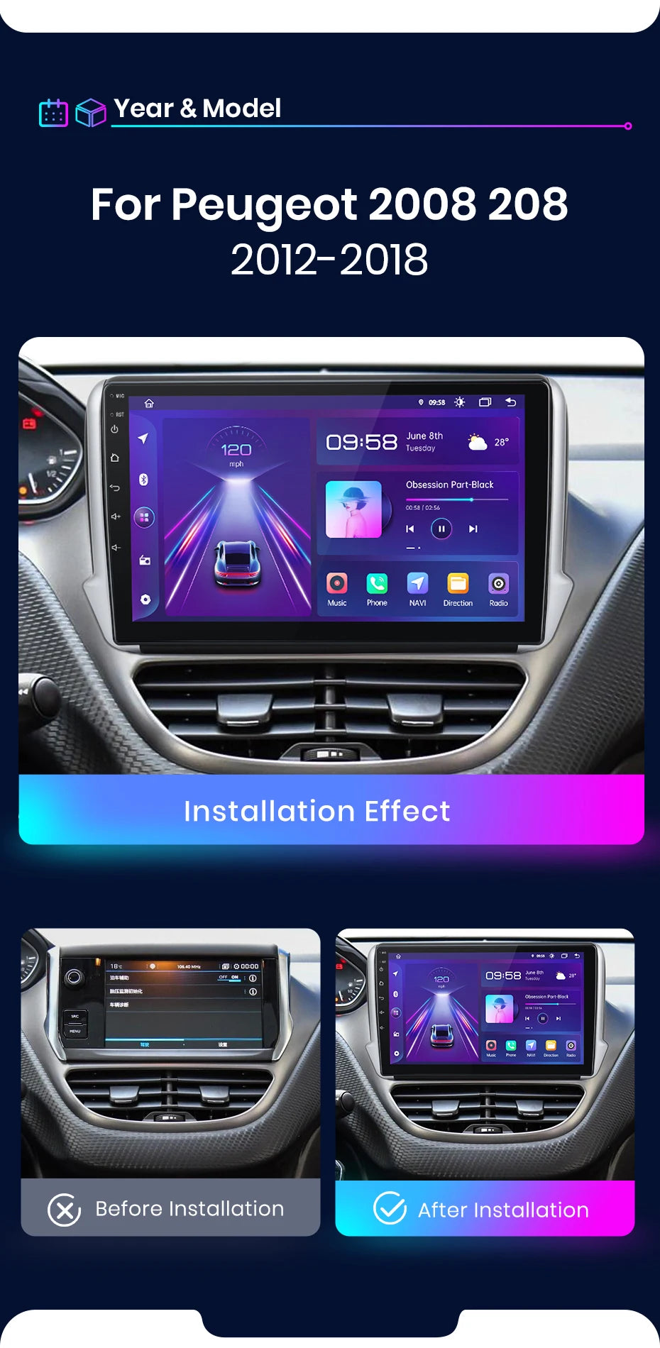 Junsun Wireless CarPlay Android Auto Car Radio For Peugeot 2008 208 2012 - 2018 GPS Multimedia 2 din