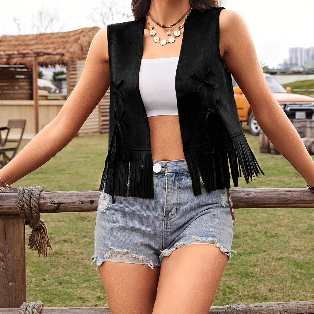 Women Aesthetic Faux Suede Ethnic Sleeveless Jackets Fringe Tassels Hippie Open Front Cardigan Vintage Cowgirl Waistcoat Vests