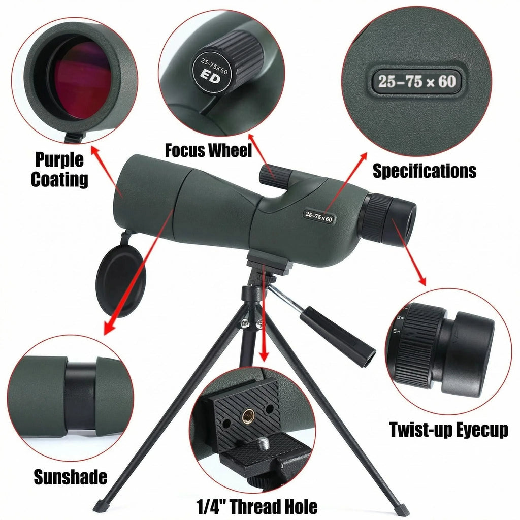 CAOX Essential for Camping and Hiking, 25-75x60 High-Power Zoom HD Monocular Telescope, Perfect for Birdwatching and Sightseeing