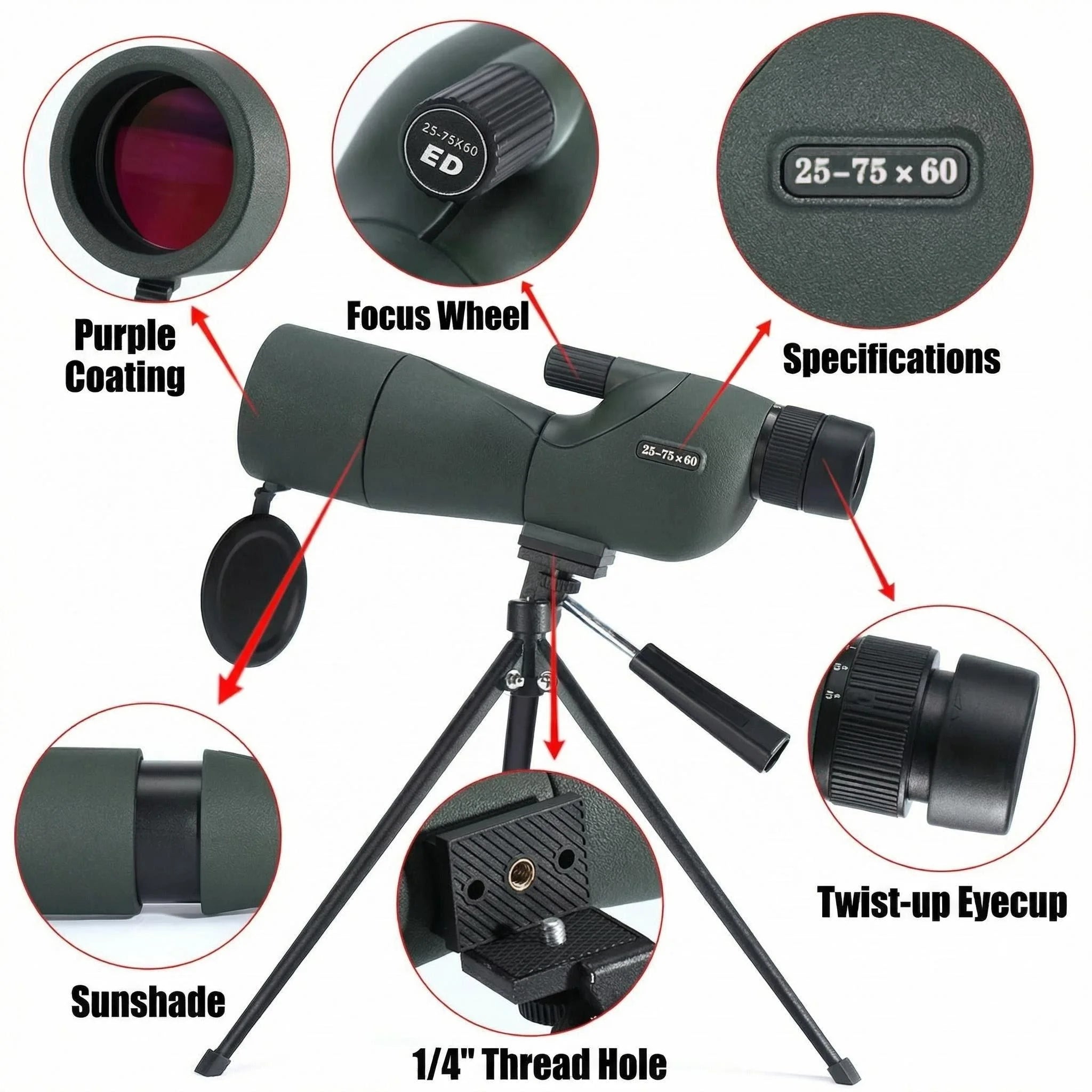 CAOX Essential for Camping and Hiking, 25-75x60 High-Power Zoom HD Monocular Telescope, Perfect for Birdwatching and Sightseeing