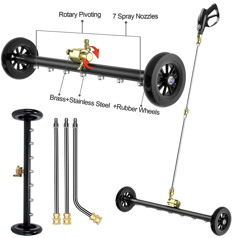 5000PSI Car Chassis High Pressure Washer 22 Inch Extendable 3-Wand Water Broom 1/4 Quick Connector Undercarriage Surface Cleaner