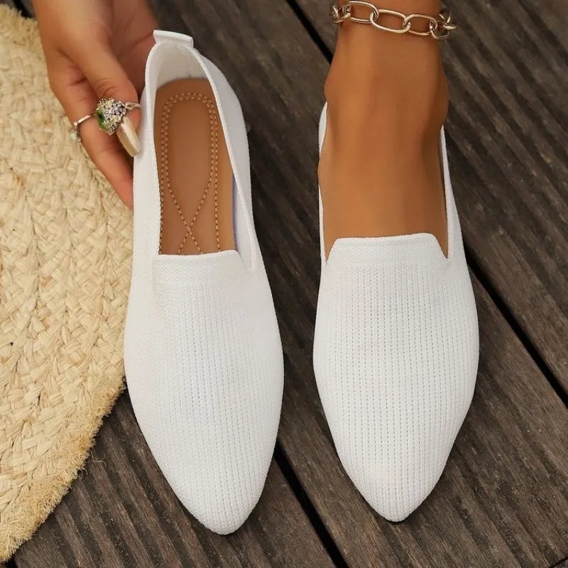 New Women Solid Color Pointed Head Mesh Loafers Shallow Woman Flats Soft Bottom Knit Ballet Flat Shoes Casual Slip on Boat Shoes