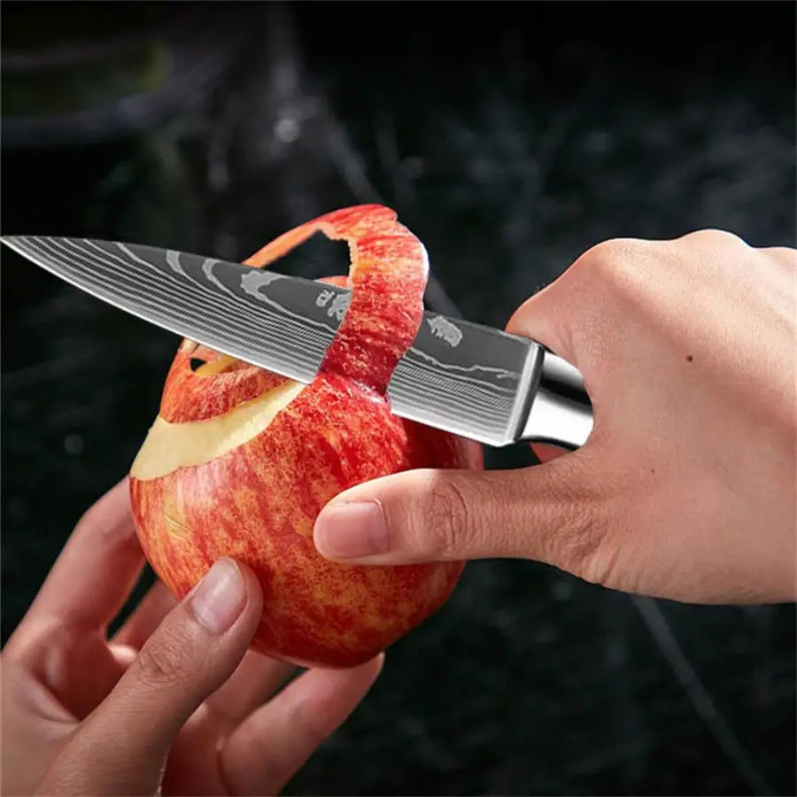 Ensemble de 4 Couteaux de Cuisine Motif Damas Acier Inoxydable 4Cr13 Manche en Pakkawood Couteaux d'Office, Universel, Santoku