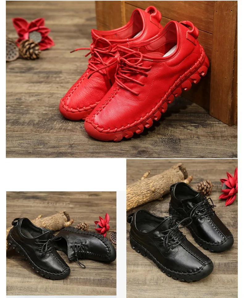 Handmade Genuine Leather Women Shoes Fashion Casual Sneakers Retro Flats Ladies Lacing Loafers Breathable Vulcanized Shoes