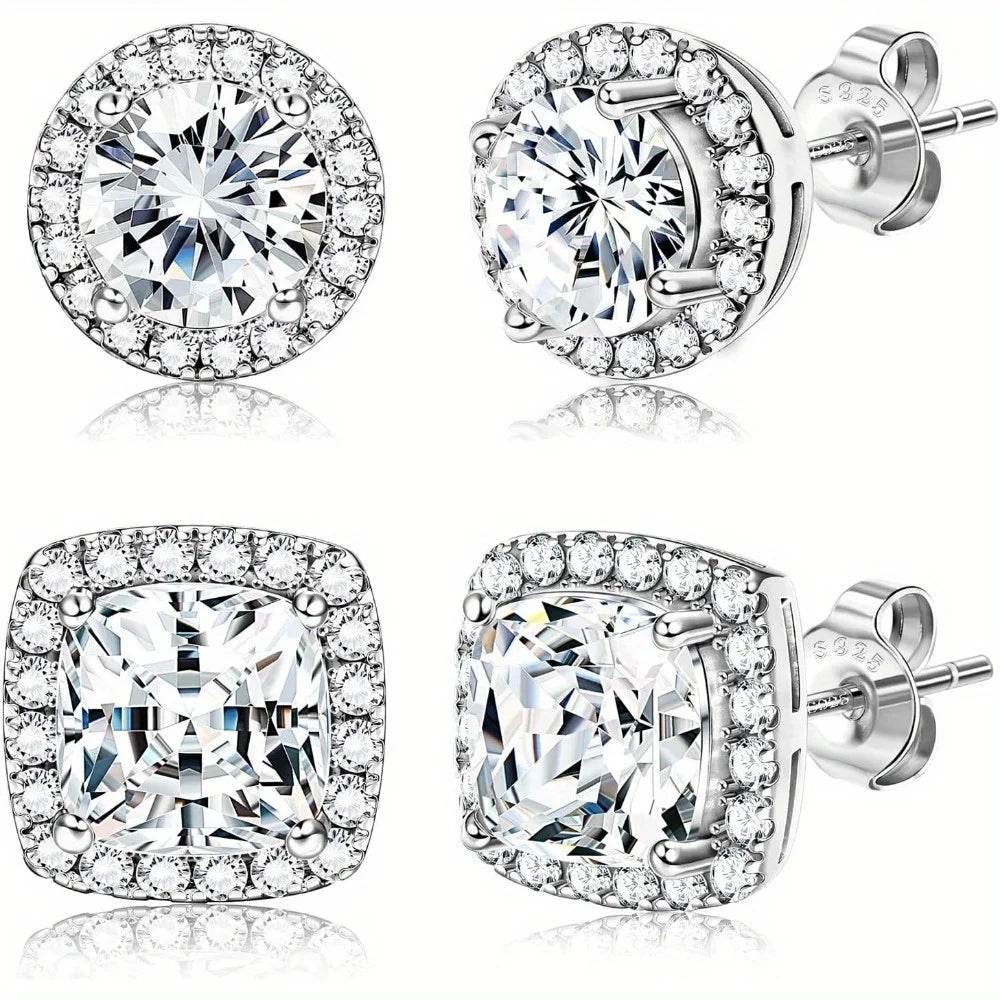 1 Pair Silvery Cubic Zirconia Stud Earrings Round Square Diamonique Stud Earrings Set for Women Men