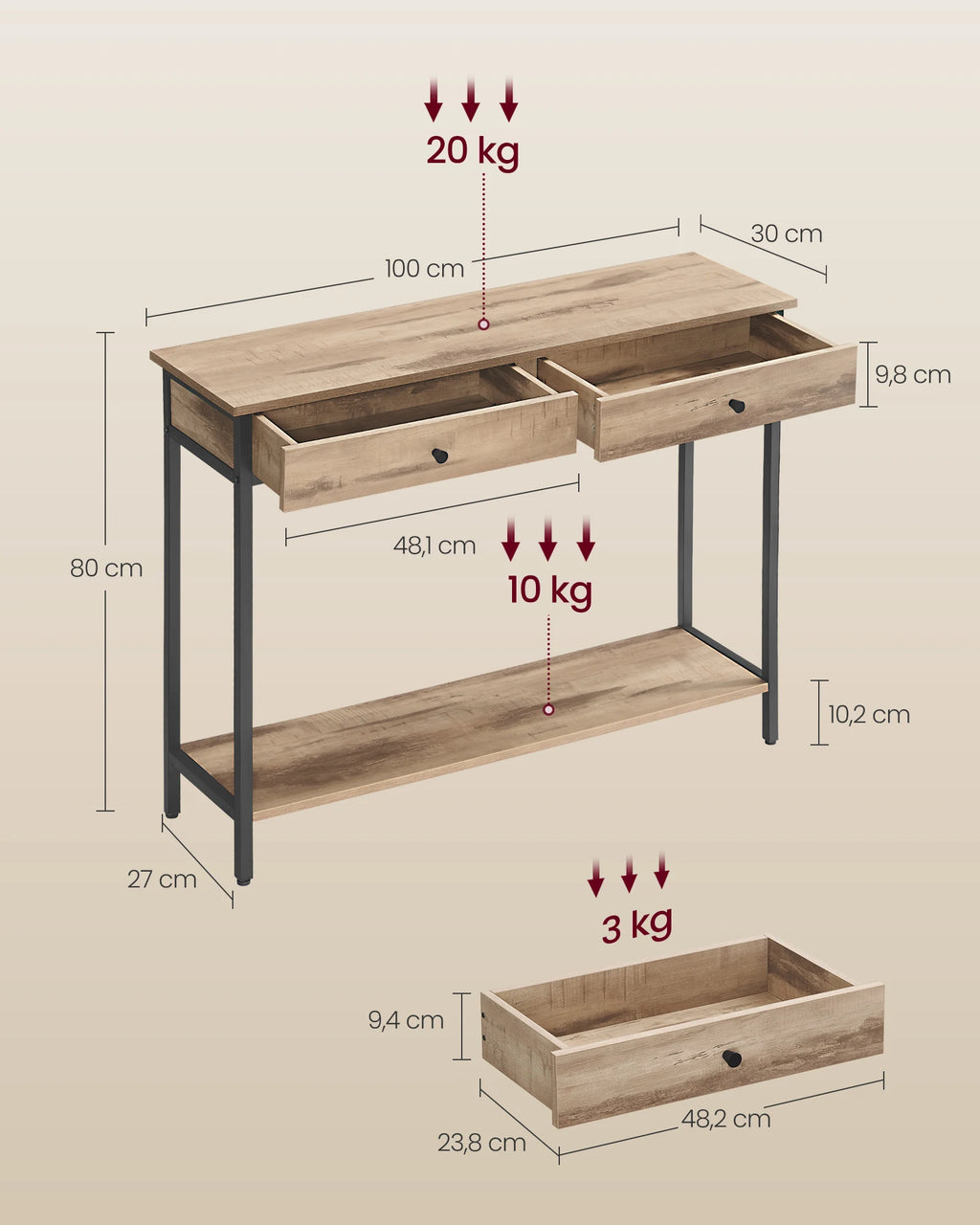 VASAGLE Console, Table d'entrée, Table d'appoint, Table de canapé avec 2 tiroirs