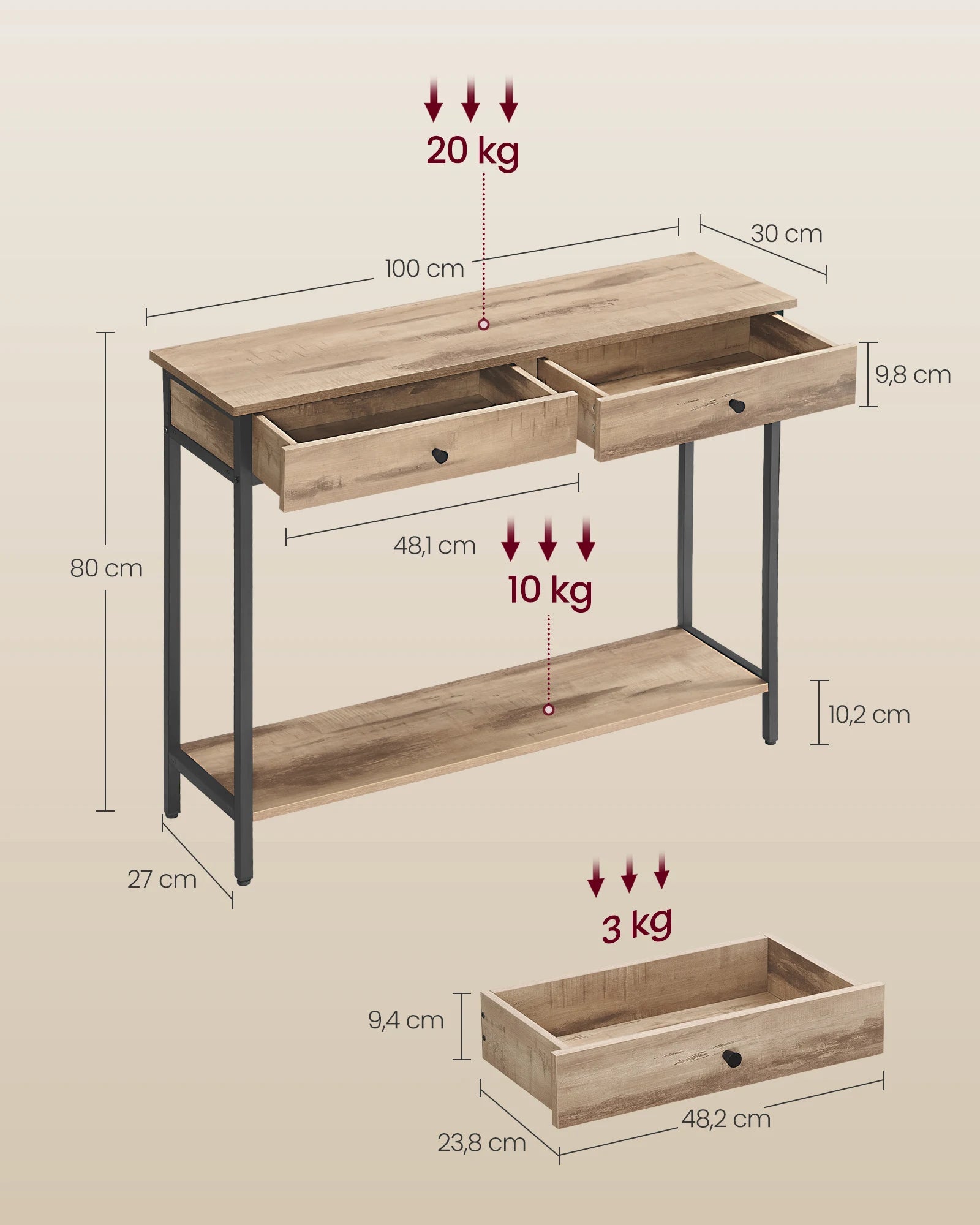 VASAGLE Console, Table d'entrée, Table d'appoint, Table de canapé avec 2 tiroirs
