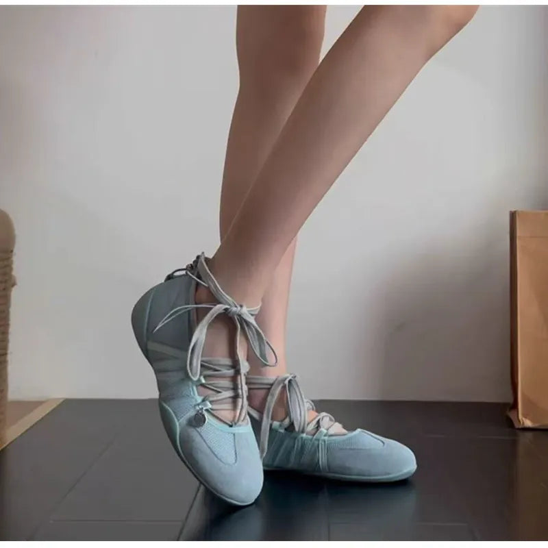 Ins style Fashion Air Mesh Cross-tied Women Ballet Sneakers Comfortable Soft Sole Sports Walking Loafers Casual Flats Shoes