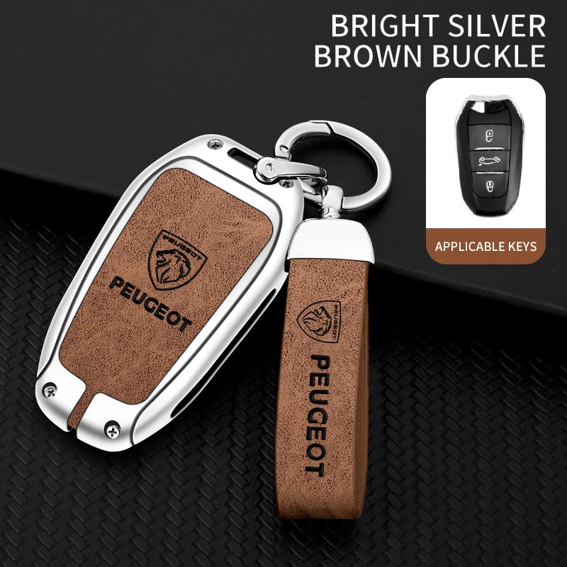 Leather Zine Alloy Car Smart Key Case Shell Cover Protector Fob For Peugeot 308 408 508 2008 3008 4008 5008 Keychain Accessories