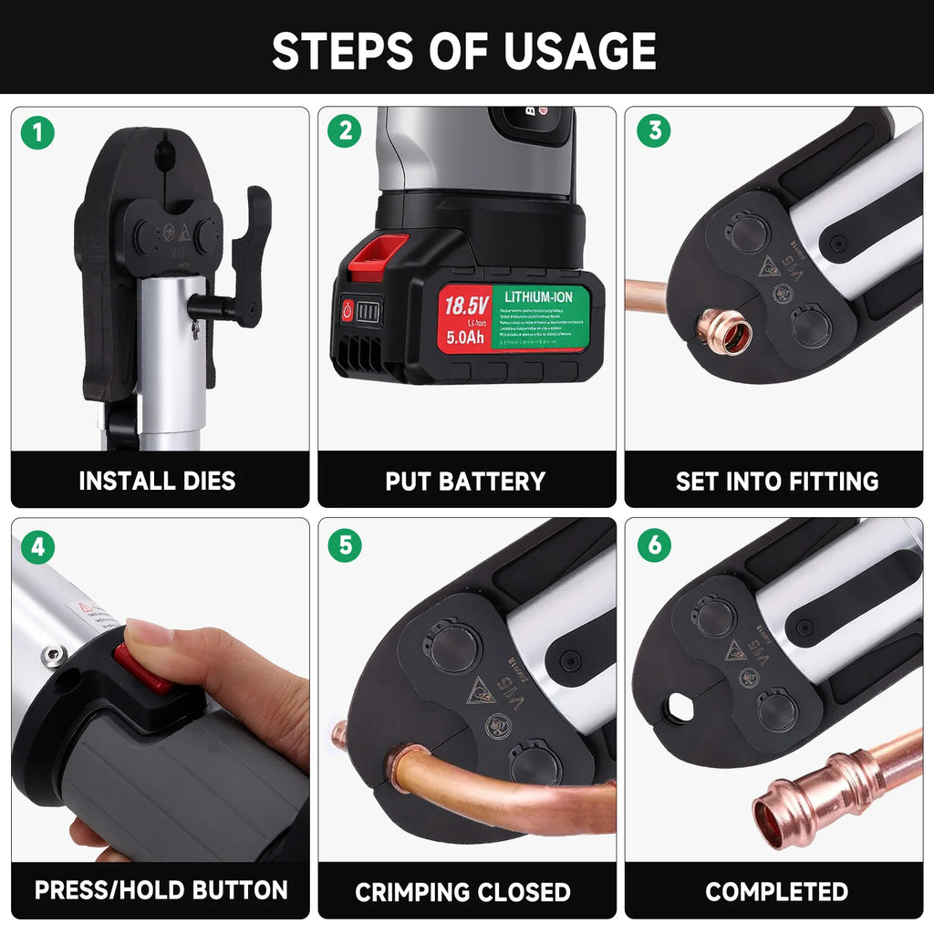 Podofo Electric Pipe Crimping Tool for TH16/20/25/26/32mm+V12/15/18/22/28mm+U16/20/25/32mm Battery Compression Tool with Jaws
