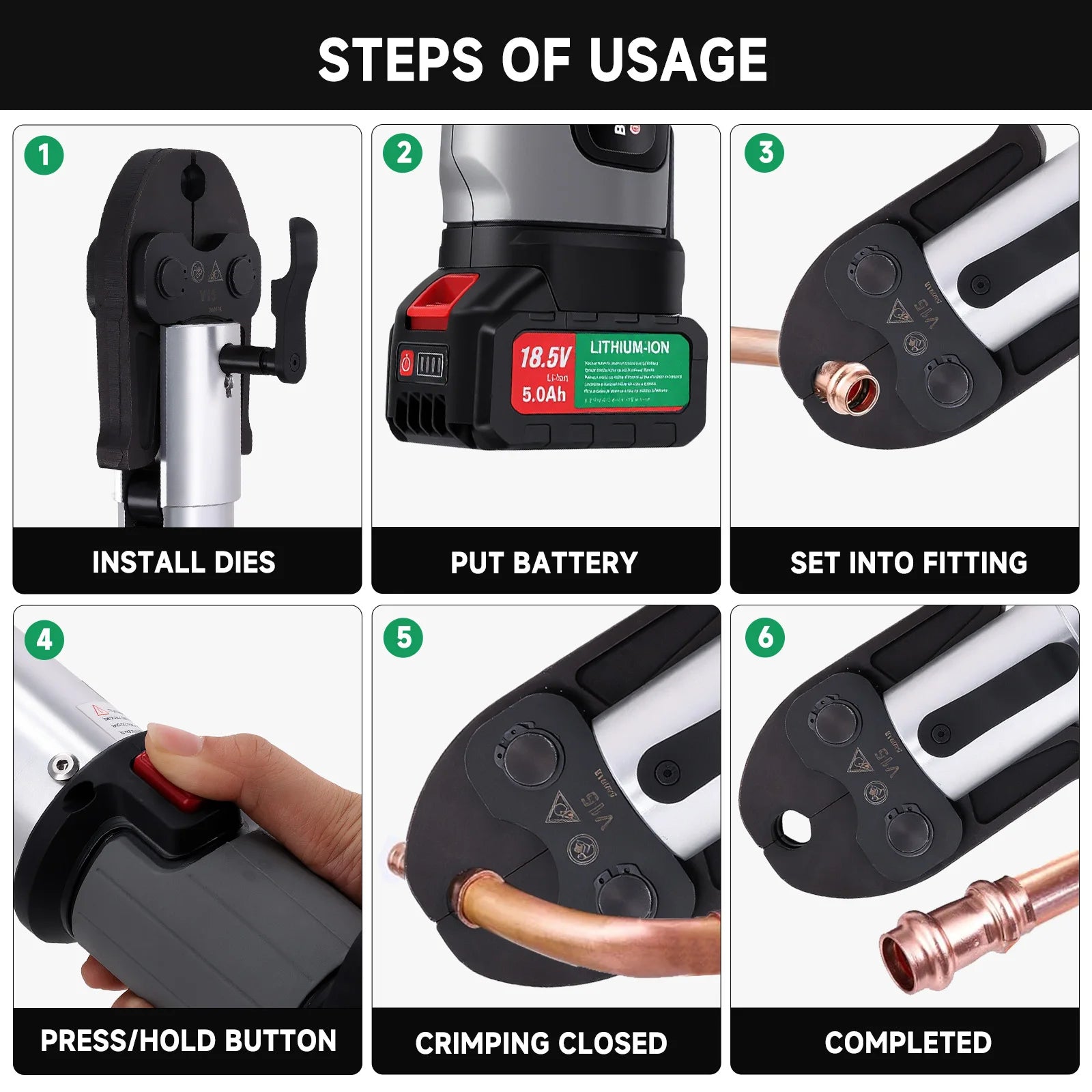 Podofo Electric Pipe Crimping Tool for TH16/20/25/26/32mm+V12/15/18/22/28mm+U16/20/25/32mm Battery Compression Tool with Jaws