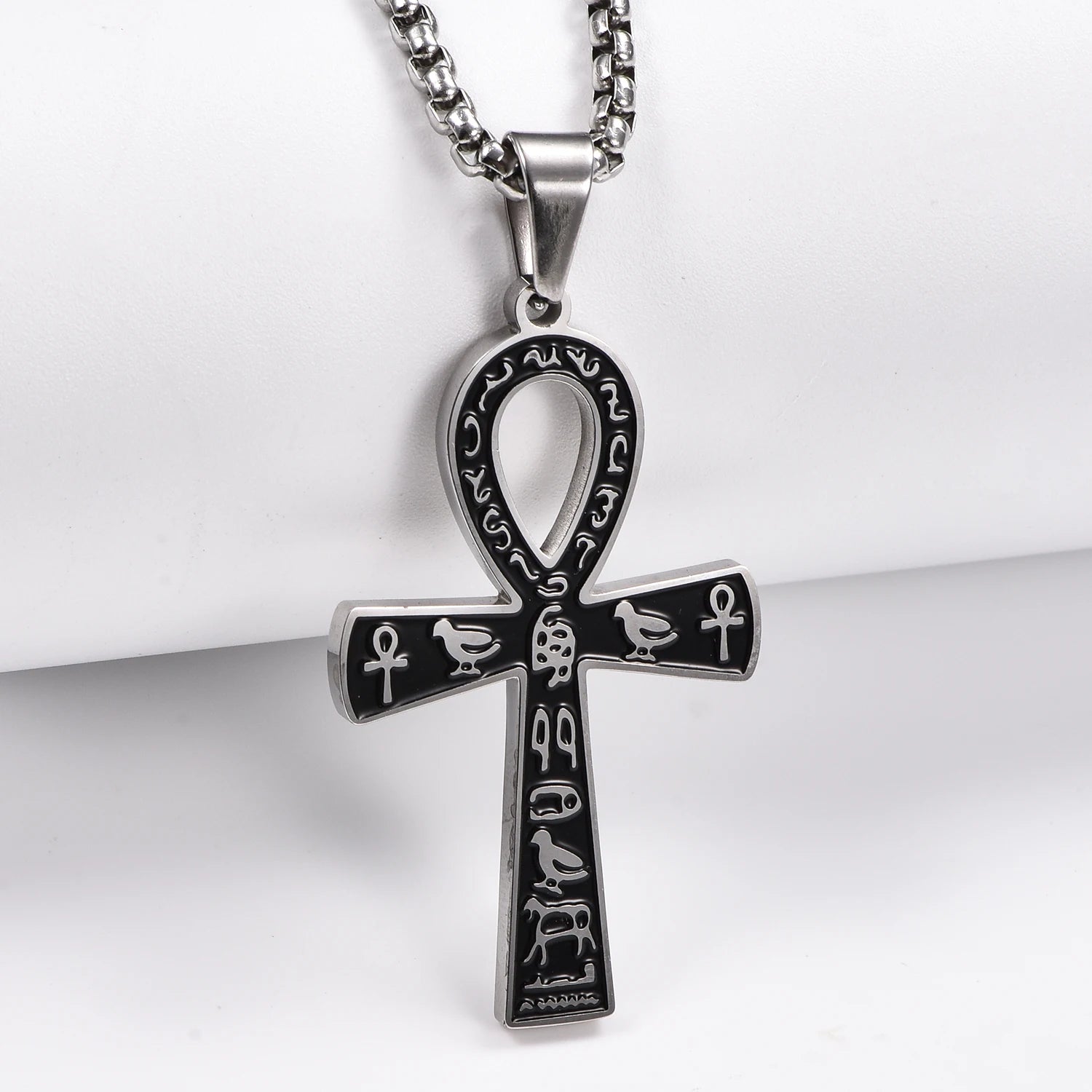 Stainless Steel Ancient Egyptian Ankh Cross Pendant Necklace Silver/Gold Color Painted Bird Animal Totem Jewelry Gift