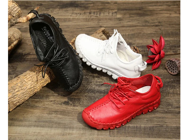 Handmade Genuine Leather Women Shoes Fashion Casual Sneakers Retro Flats Ladies Lacing Loafers Breathable Vulcanized Shoes