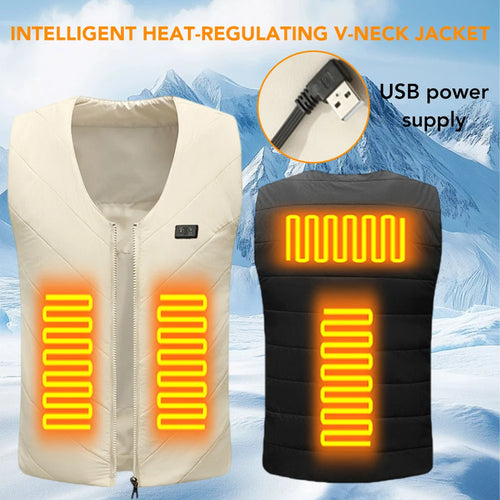 4 Areas Women's Winter Smart Electric Heated Vest V-Neck Couple Style USB Charging Heating Waistcoat Outdoor Warm Thermal Jacket