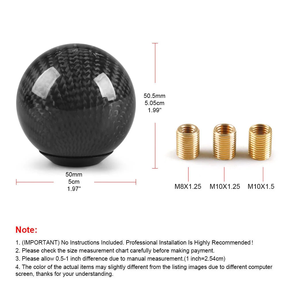 JDM Style Oval/Sphere Carbon Fiber Manual Gear Shift Knob M12*1.25 With 3 Adapters M8*1.25, M10*1.25, M10*1.5 Shift Head Knob