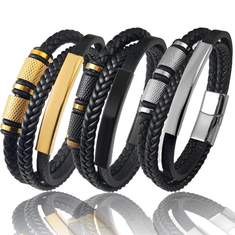 New Gold Beads Charm Men Bracelet Stainless Steel Magnetic Buckle Braided Mutilayer Leather Wrapped Bangles Women Jewelry Gift