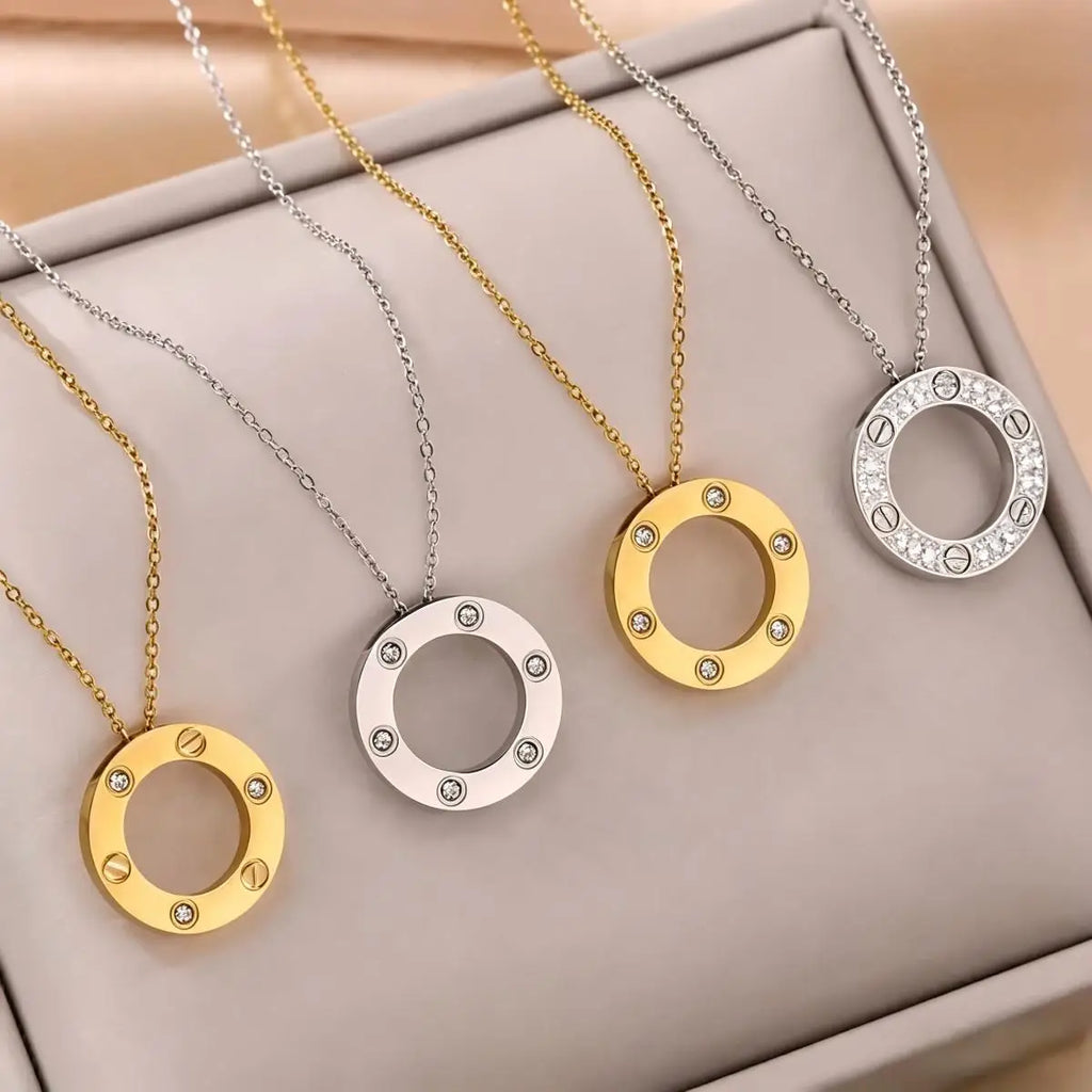 Stainless Steel Six Zircon Hollow Circle Fashion Style Men Chain Necklace For Women Jewelry Collar Pendant Friends Gifts