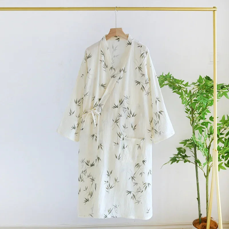 Cotton Fabric Bamboo Printed Sleepwear Bathrobes for Women Spring and Summer Double-layer Thin Home Clothing Pyjamas Robes