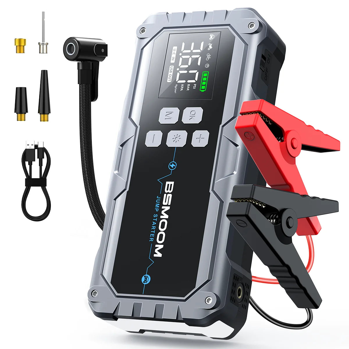 1500A car starter with air compressor, tire inflator without thread, battery booster with external battery pack and LED flashlights, 12V Automatic Start box for tous 10.0L petrol or diesel vehicles