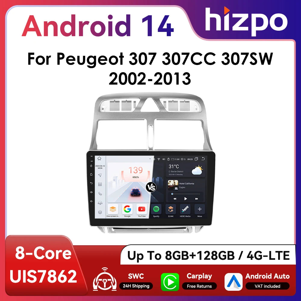 Hizpo 2Din 9inch CarPlay Android Auto Car Radio for Peugeot 307 307CC 307SW 2002 - 2013 Multimedia Navigation GPS RDS DSP 4G BT