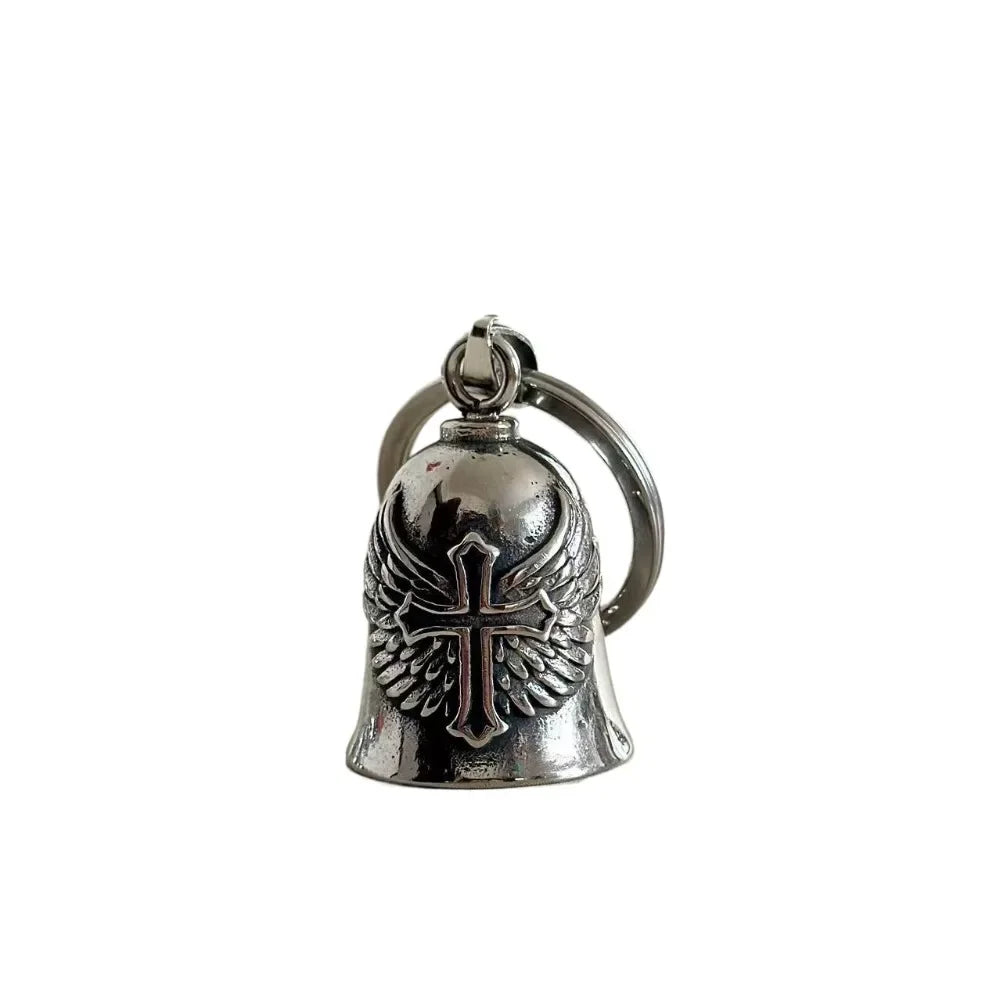 Vintage 3D Design Motorcycle Guardian Bell Retro Punk Style Angel Pendant Bell Alloy Wing Design Evil Spirit Trap Bell Men