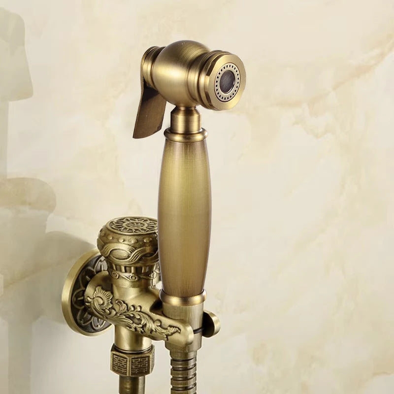 Hand Held Bidet Sprayer Douche Toilet Kit Antique Brass Shattaf Shower Head Gold Copper Valve Set Jet Toilet Bidet Faucet Set