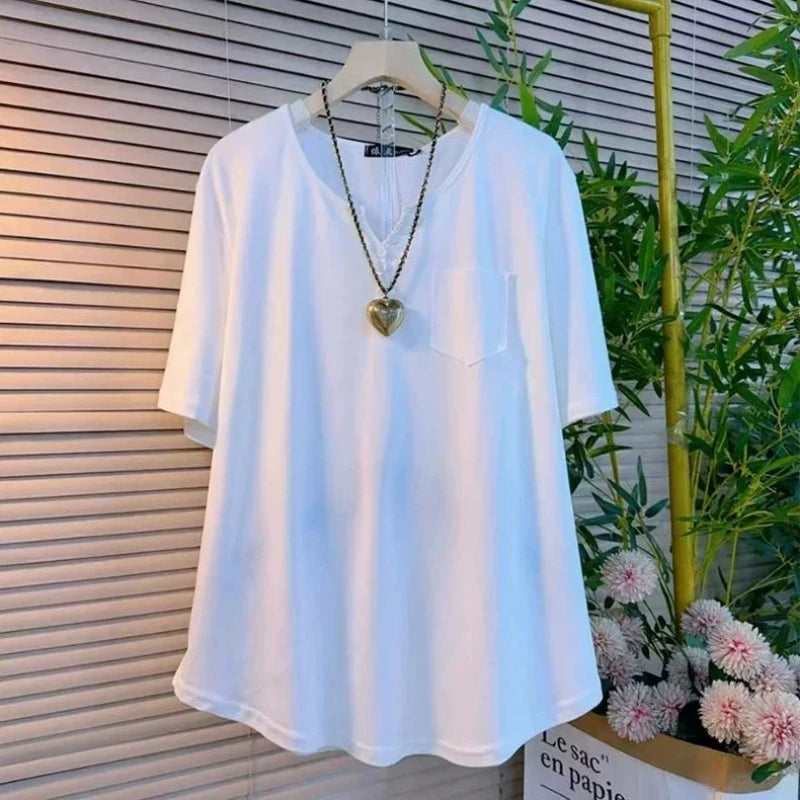 V Neck Pockets Patchwork Lazy Tops Short Sleeve Loose Solid Simplicity Casual T Shirts Summer New Fashion Trend Women Clothing