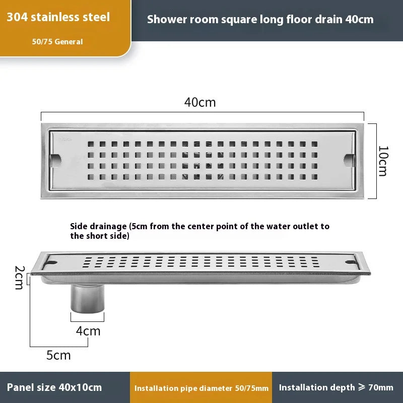 20-60cm Acier Inoxydable Carré Long Drain de Plancher Salle de Bain Égout Rectangulaire Drain de Plancher Grand Débit Drainage de Salle de Bain