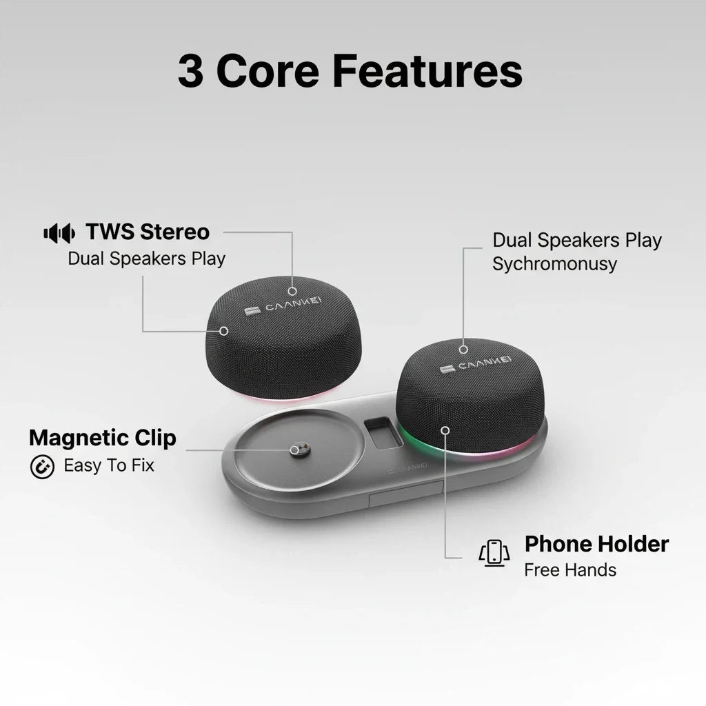 Dual Bluetooth Speaker Set with Magnetic Base & Phone Stand TWS Stereo Sound 10H Playtime RGB Music Sync Lights for Home Theater