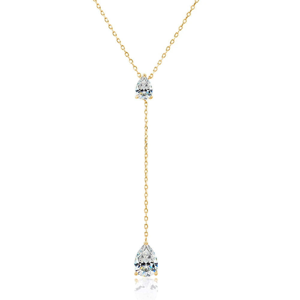2-Stone Waterdrop Moissanite Pendant Necklace for Women 925 Silver 1.5cttw Y-Style Long Tassel Pear Cut Lab Diamond Neckchain