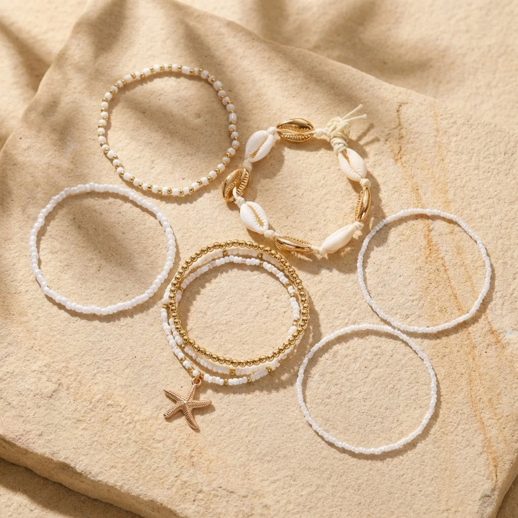 Metal Starfish Pendant Anklets Set For Women Men Trendy Sea Star Multilayer Rice Beaded Foot Chain Summer Beach Vacation Jewelry