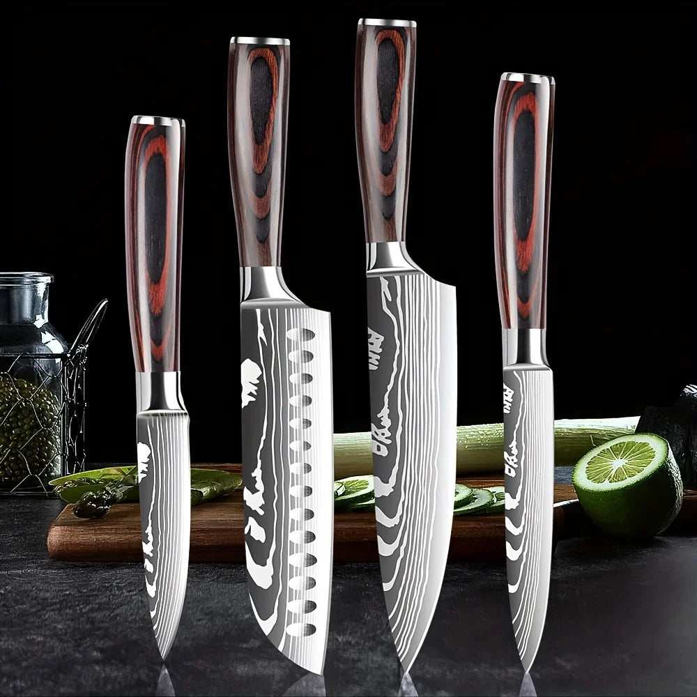 Ensemble de 4 Couteaux de Cuisine Motif Damas Acier Inoxydable 4Cr13 Manche en Pakkawood Couteaux d'Office, Universel, Santoku
